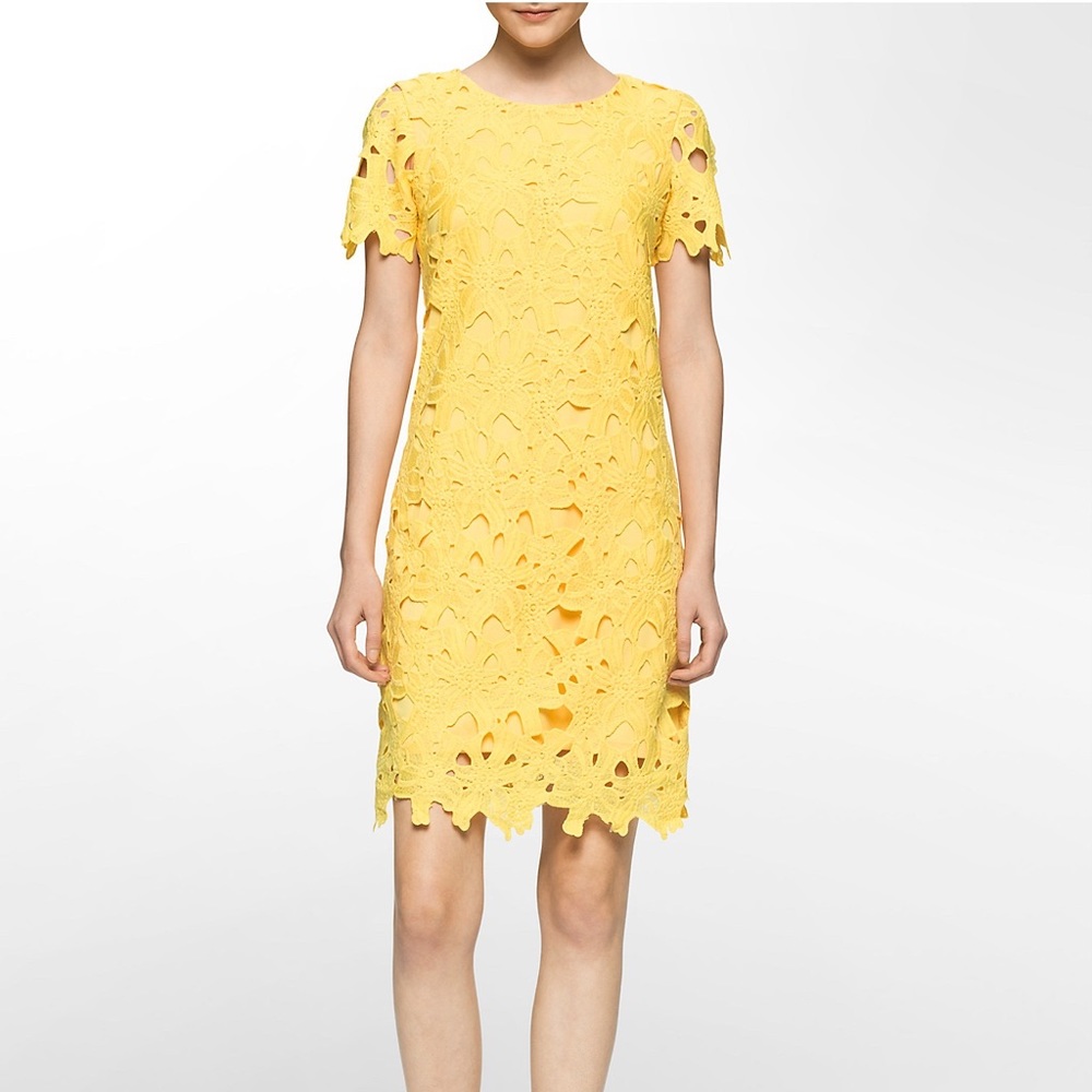Canary yellow floral lace Calvin Klein dress